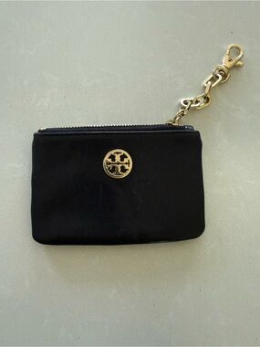 Tory Burch Black Zip Card Case with Gold Logo and Chain